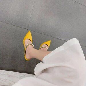 FSJ Yellow Rhinestone Cone Low Heel Mules Pointed Toe One Strap Sandals